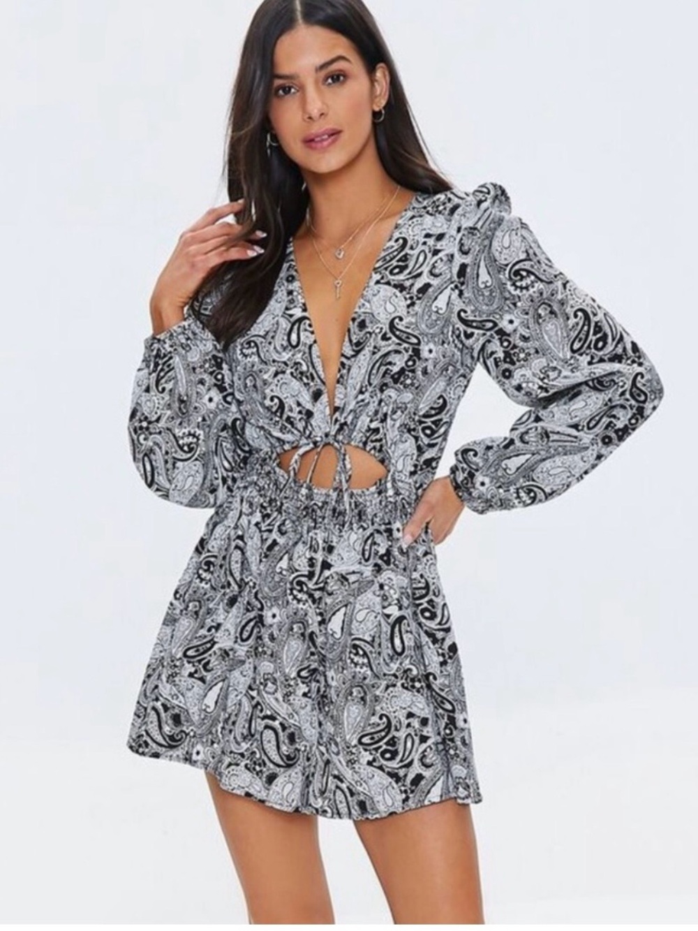 Black & White Paisley Tie-Front Mini Dress